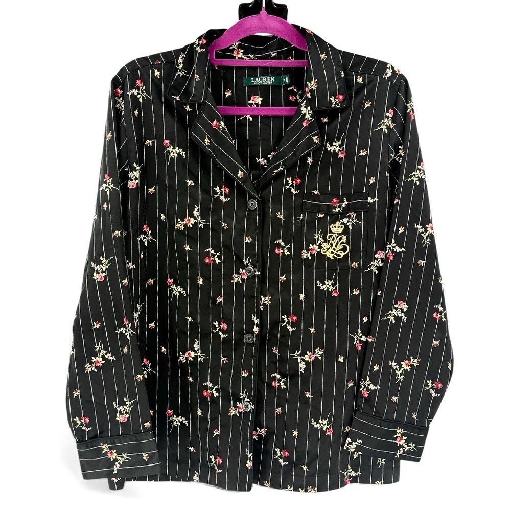 Lauren Ralph Lauren Black Floral Pinstripe Crest Satin Regal Button Down, M